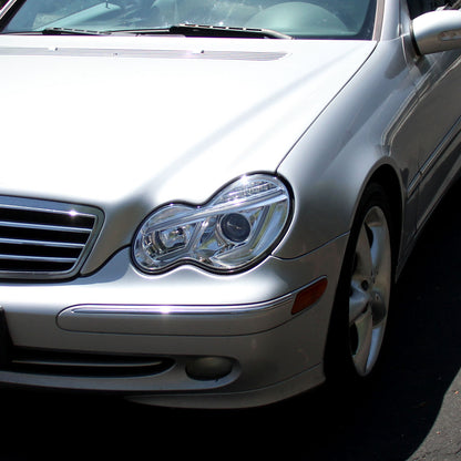 2001-2007 Mercedes Benz W203 C Class Sedan Projector Headlights w/ LED Light Bar & LED Turn Signal Lights (Chrome Housing/Clear Lens)