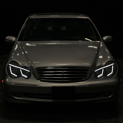 2001-2007 Mercedes Benz W203 C Class Sedan LED Bar Projector Headlights w/ LED Turn Signal Lights (Glossy Black Housing/Smoked Lens)
