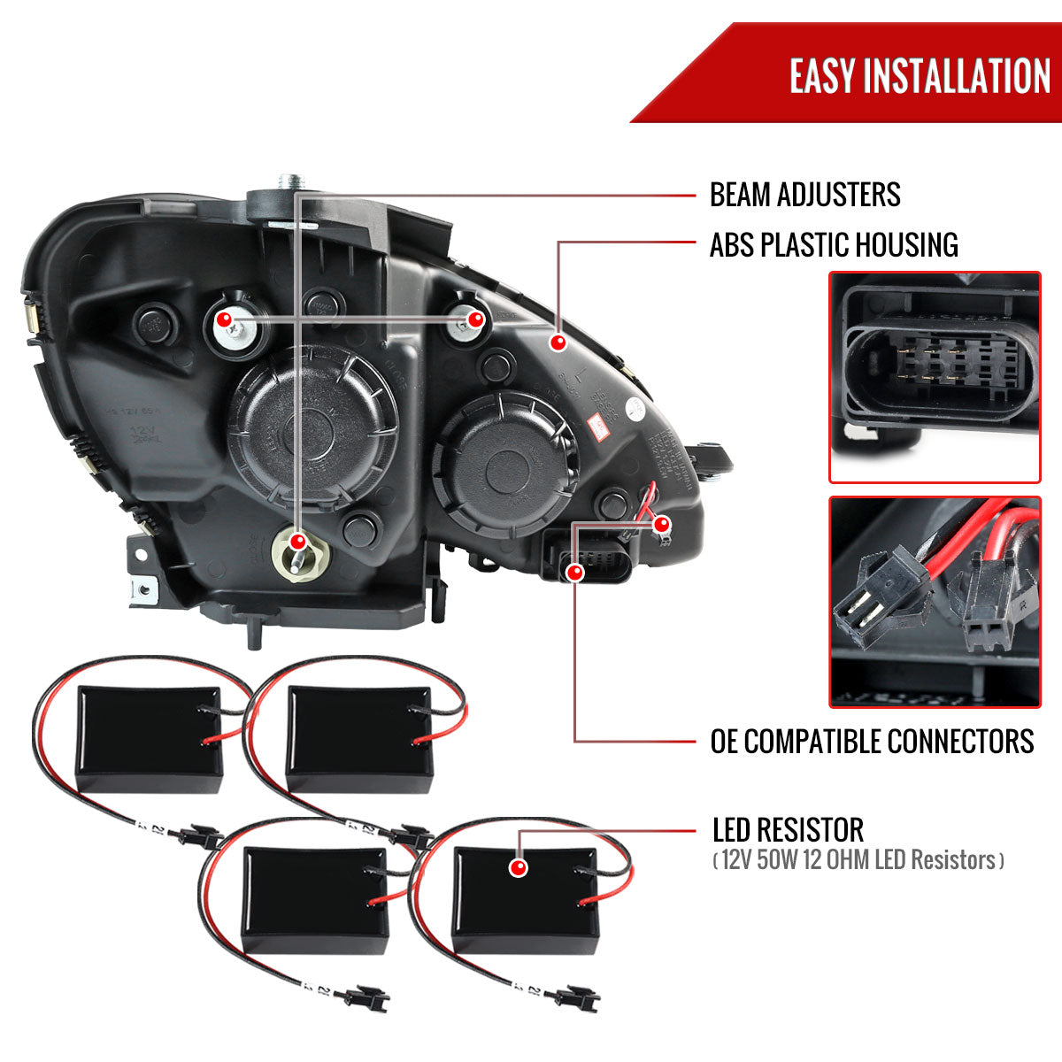 2008-2011 Mercedes Benz W204 C Class Projector Headlights w/ LED Light Bar & LED Turn Signal Lights (Matte Black Housing/Clear Lens)