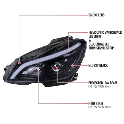 2012-2014 Mercedes-Benz W204 C-Class Switchback Sequential LED Bar Projector Headlights (Matte Black Housing/Smoked Lens)