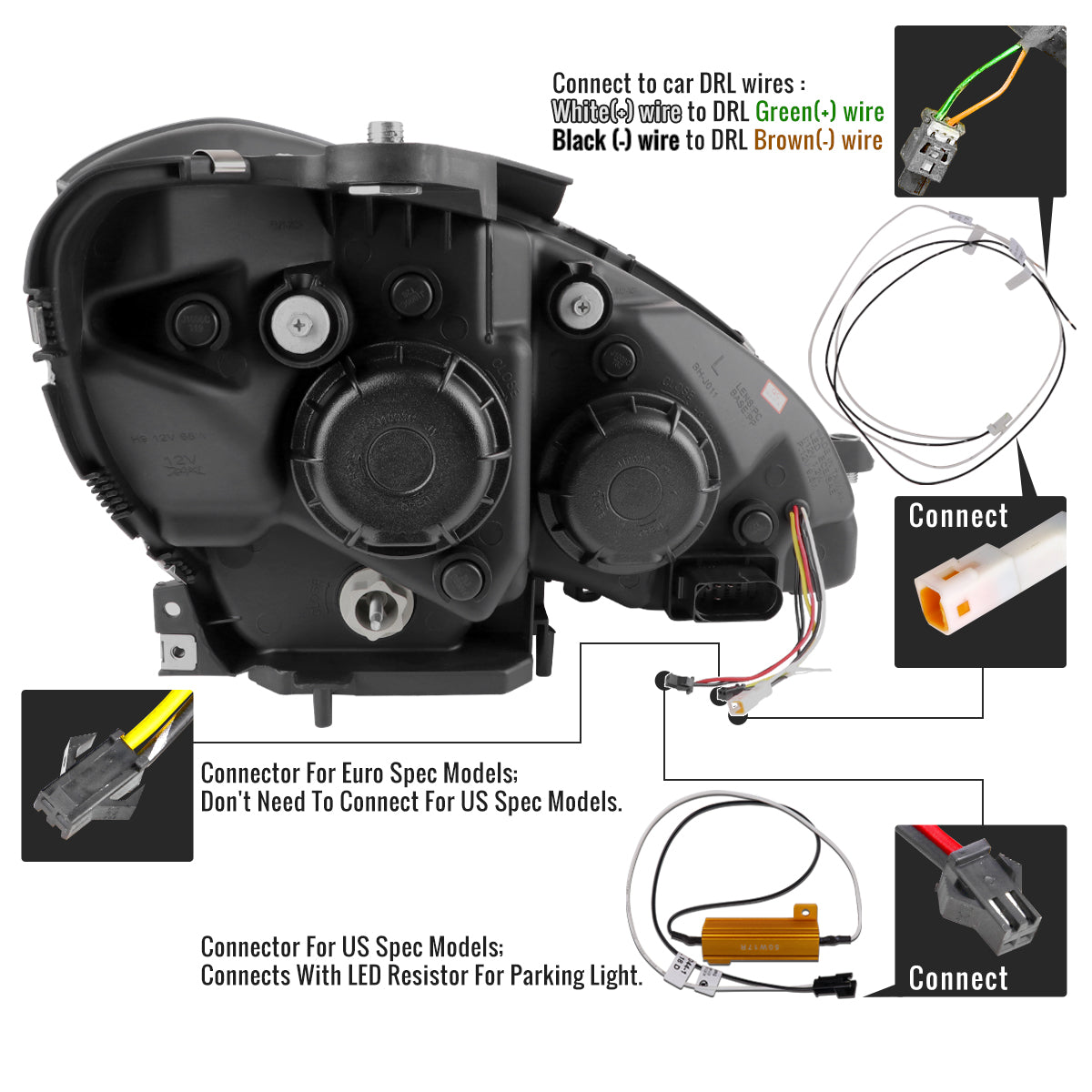 2012-2014 Mercedes-Benz W204 C-Class Switchback Sequential LED Bar Projector Headlights (Matte Black Housing/Clear Lens)