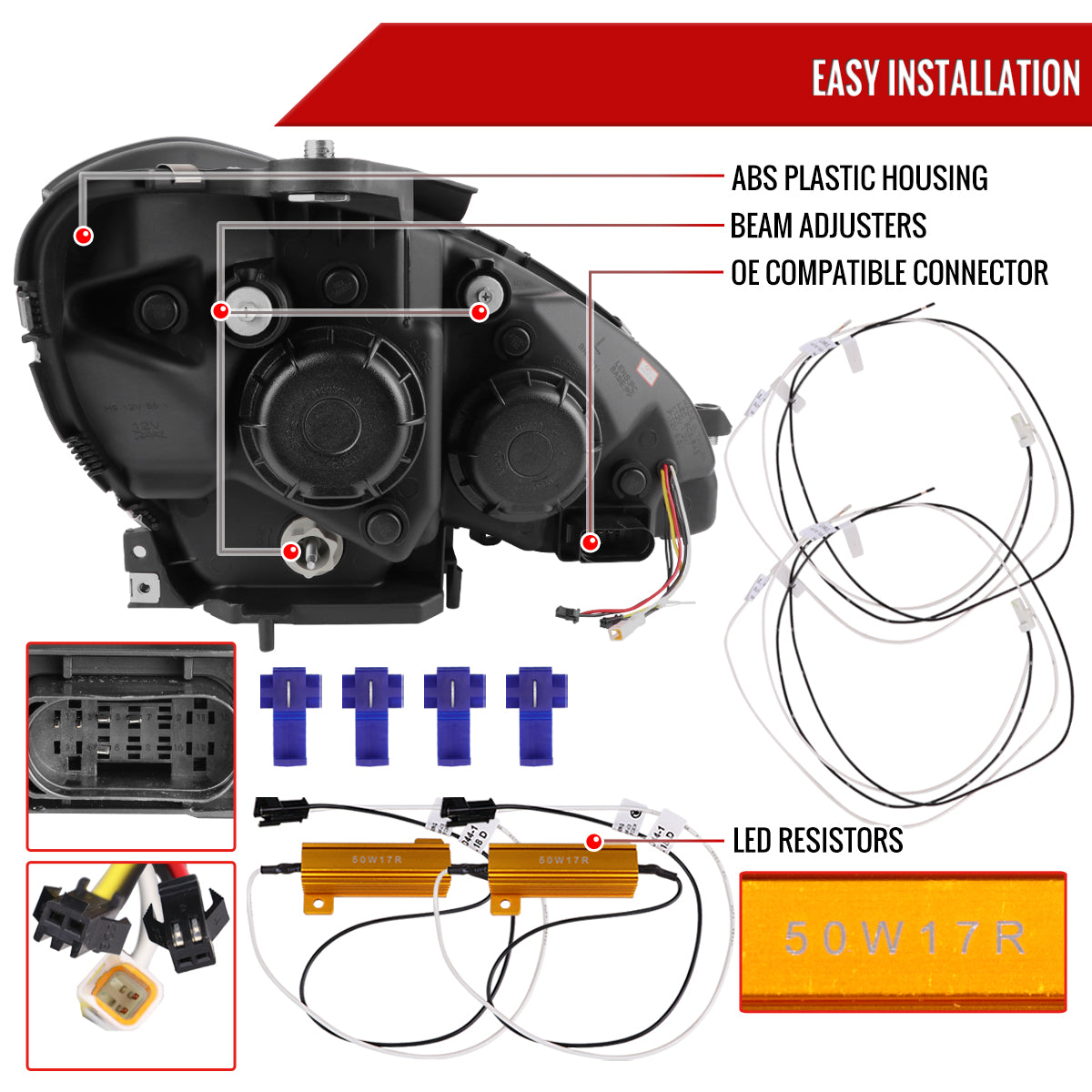 2012-2014 Mercedes-Benz W204 C-Class Switchback Sequential LED Bar Projector Headlights (Matte Black Housing/Clear Lens)