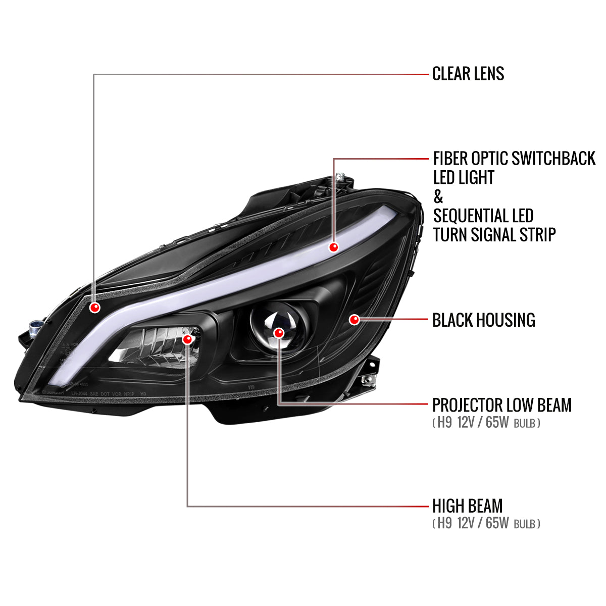 2012-2014 Mercedes-Benz W204 C-Class Switchback Sequential LED Bar Projector Headlights (Matte Black Housing/Clear Lens)