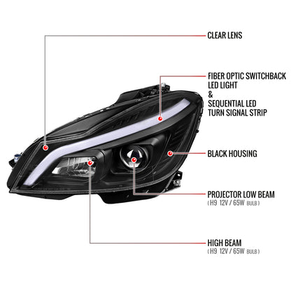 2012-2014 Mercedes-Benz W204 C-Class Switchback Sequential LED Bar Projector Headlights (Matte Black Housing/Clear Lens)