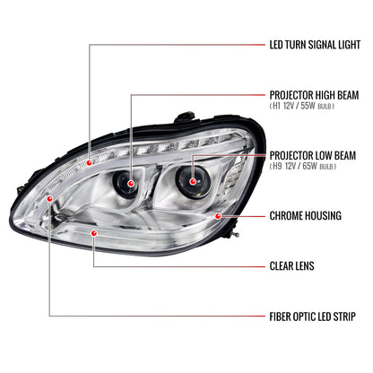1998-2006 Mercedes Benz W220 S Class LED Bar Projector Headlights w/ LED Turn Signal Lights (Chrome Housing/Clear Lens)