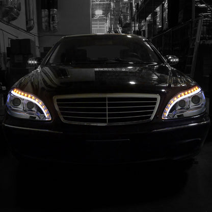 1998-2006 Mercedes Benz W220 S Class LED Bar Projector Headlights w/ LED Turn Signal Lights (Chrome Housing/Clear Lens)