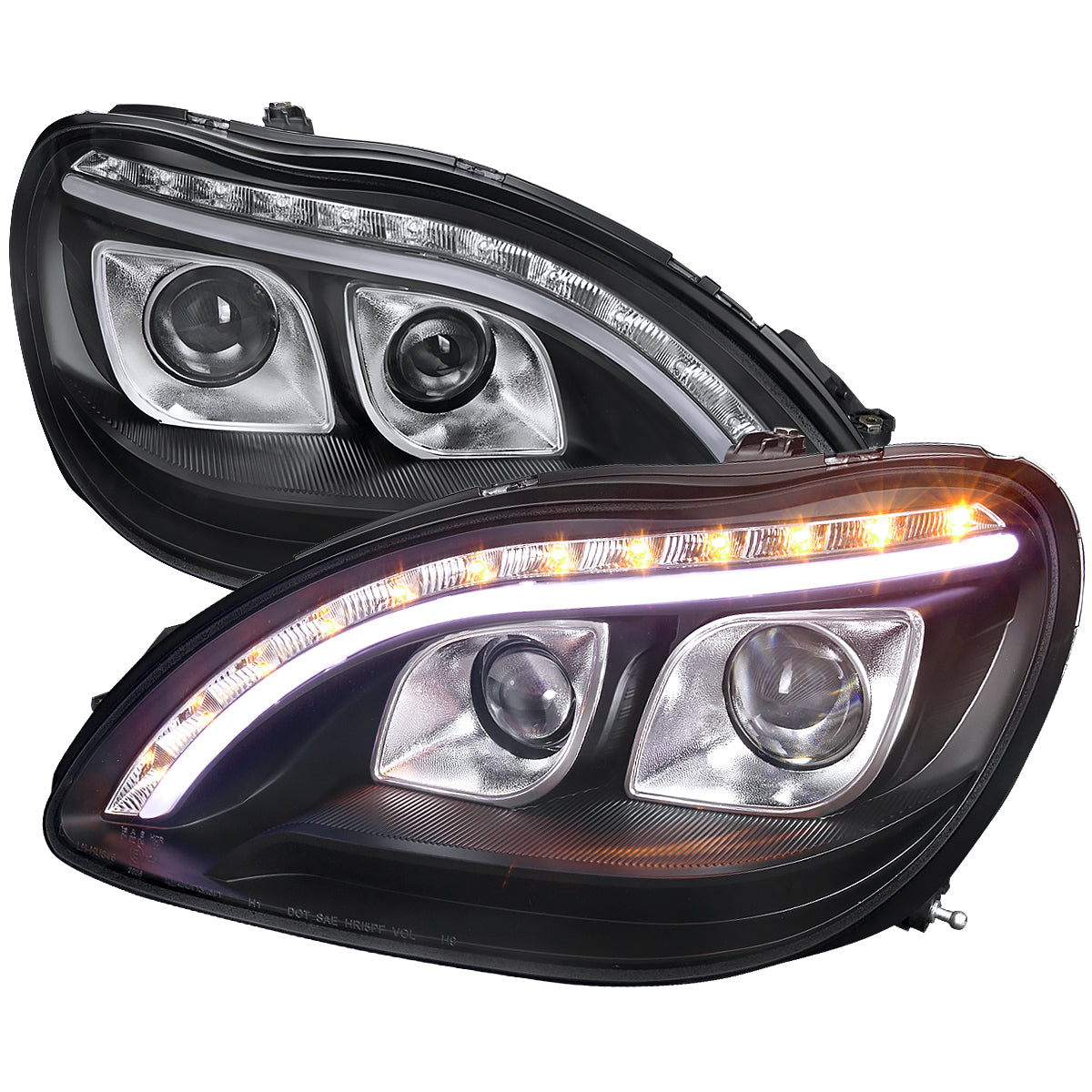 1998-2006 Mercedes Benz W220 S Class Projector Headlights w/ LED Light Strip & Turn Signal Lights (Matte Black Housing/Clear Lens)