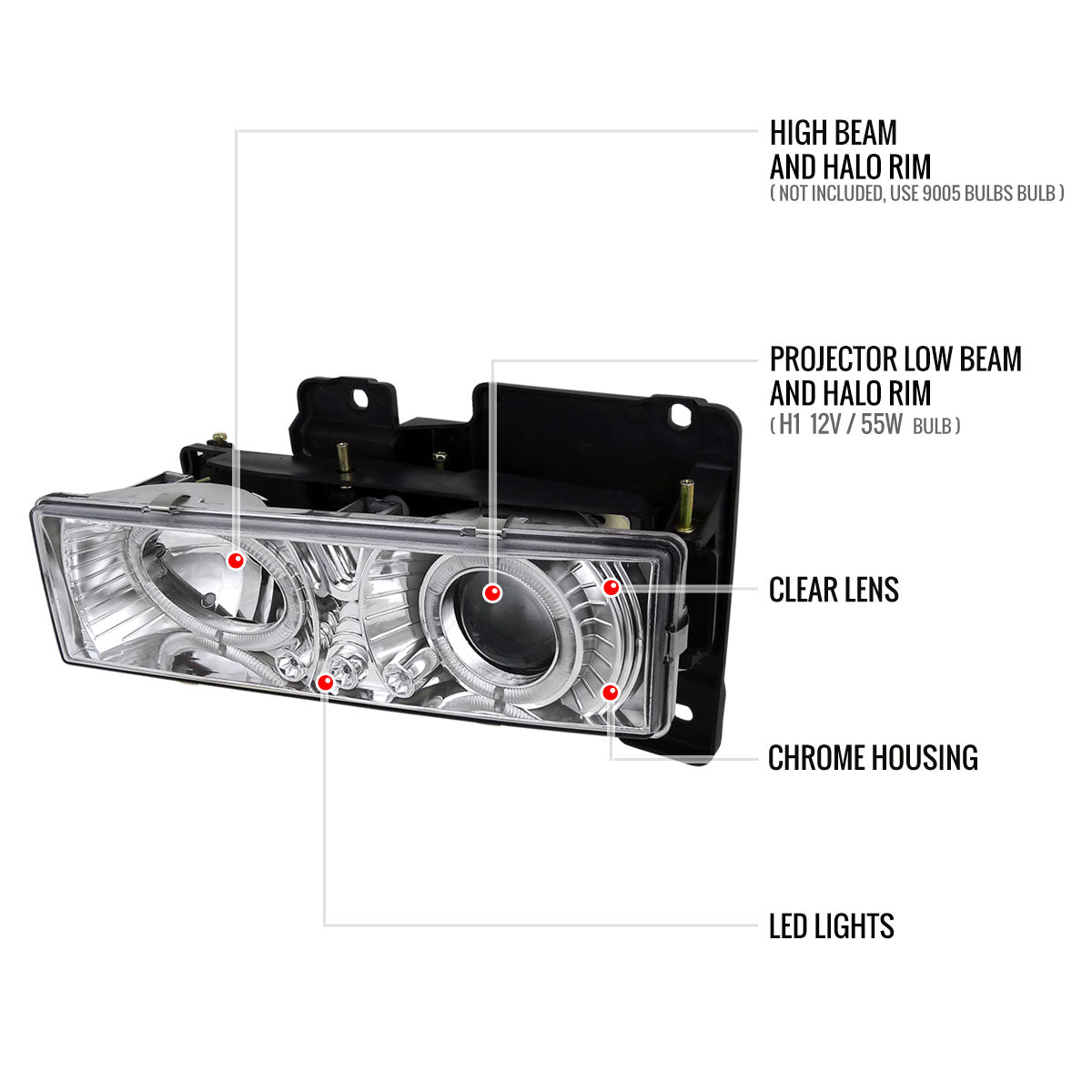 1988-1999 Chevrolet  C/K C10/Blazer/Tahoe/Yukon/Sierra/Silverado Dual Halo Projector Headlights (Chrome Housing/Clear Lens)