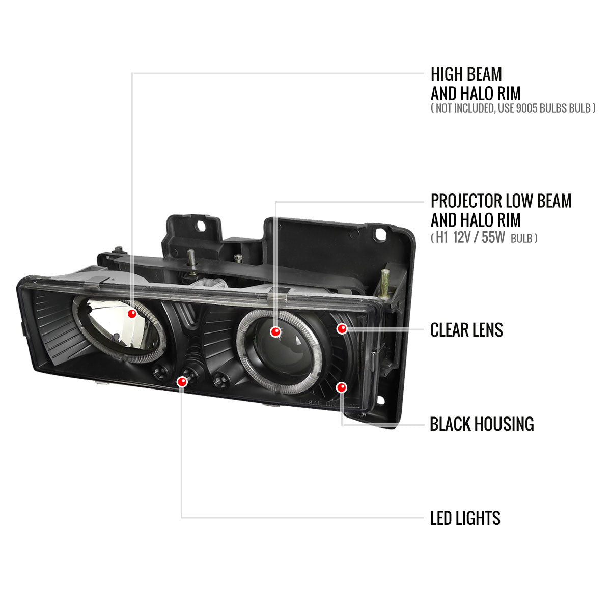 1988-1999 Chevrolet  C/K C10/Blazer/Tahoe/Yukon/Sierra/Silverado Dual Halo Projector Headlights (Matte Black Housing/Clear Lens)