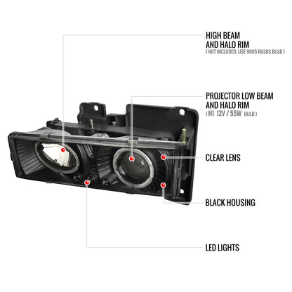 1988-1999 Chevrolet  C/K C10/Blazer/Tahoe/Yukon/Sierra/Silverado Dual Halo Projector Headlights (Matte Black Housing/Clear Lens)