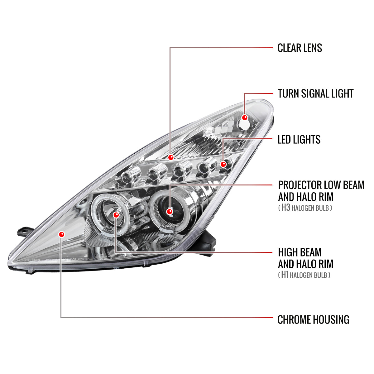 2000-2005 Toyota Celica Dual Halo Projector Headlights (Chrome Housing/Clear Lens)