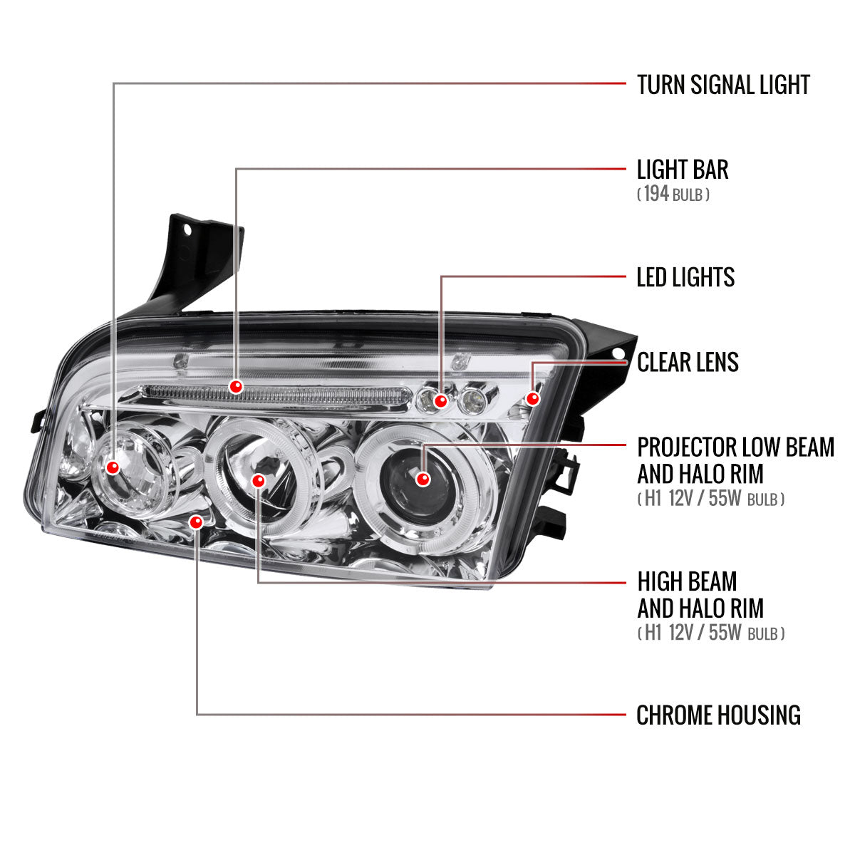 2005-2010 Dodge Charger Dual Halo Projector Headlights (Chrome Housing/Clear Lens)