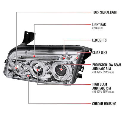 2005-2010 Dodge Charger Dual Halo Projector Headlights (Chrome Housing/Clear Lens)