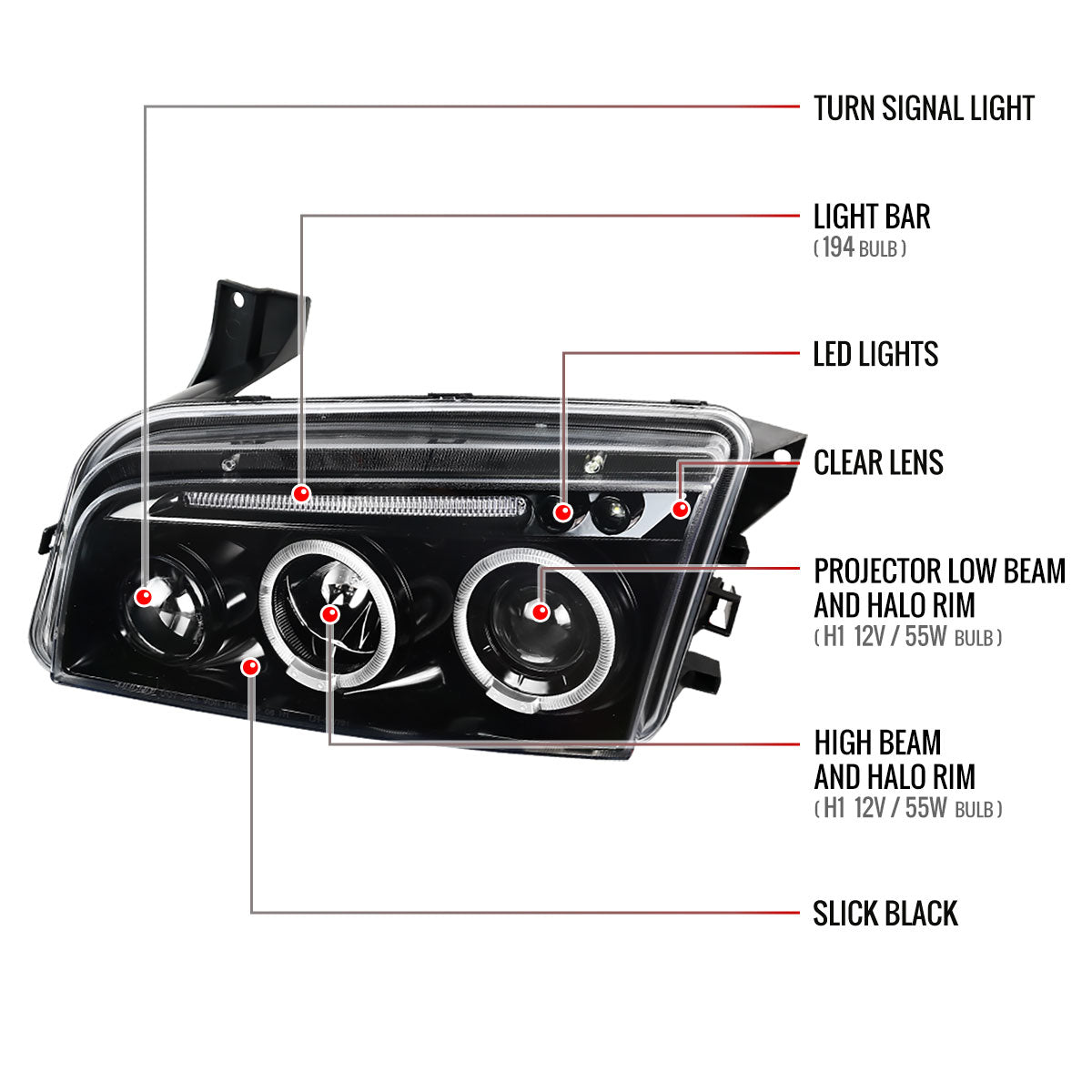2005-2010 Dodge Charger Dual Halo Projector Headlights (Jet Black Housing/Clear Lens)