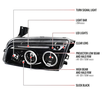 2005-2010 Dodge Charger Dual Halo Projector Headlights (Jet Black Housing/Clear Lens)