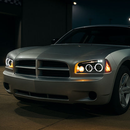 2005-2010 Dodge Charger Dual Halo Projector Headlights (Jet Black Housing/Clear Lens)