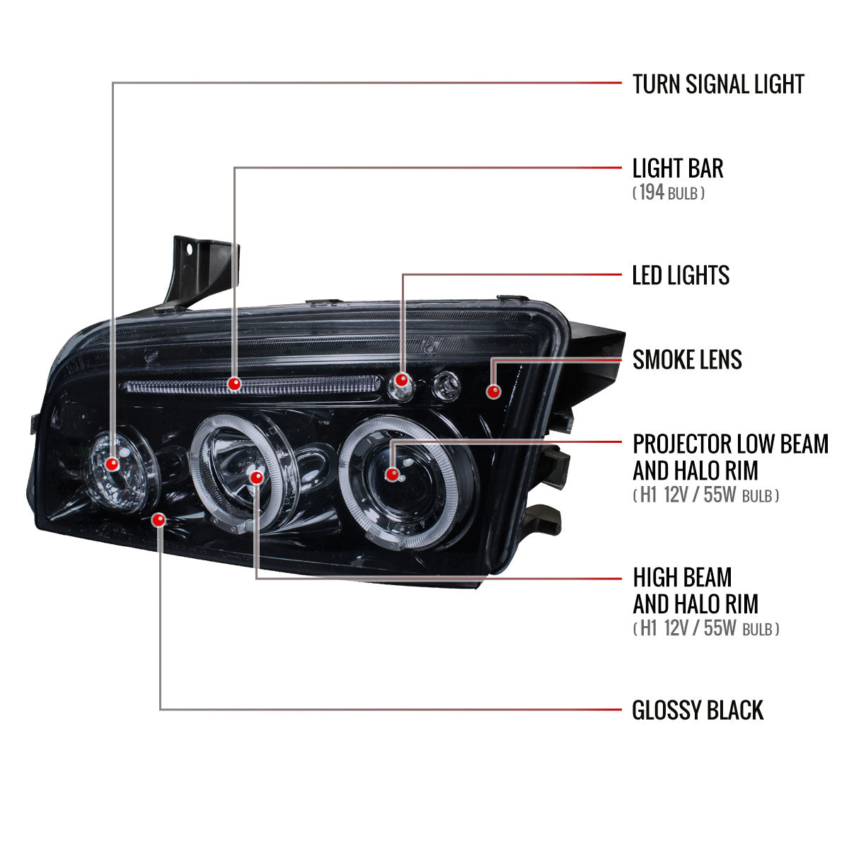 2005-2010 Dodge Charger Dual Halo Projector Headlights (Glossy Black Housing/Smoked Lens)