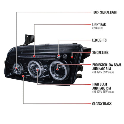 2005-2010 Dodge Charger Dual Halo Projector Headlights (Glossy Black Housing/Smoked Lens)