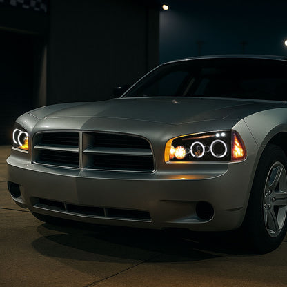 2005-2010 Dodge Charger Dual Halo Projector Headlights (Glossy Black Housing/Smoked Lens)