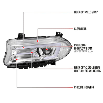 2015-2023 Dodge Charger LED Strip Projector Headlights w/ LED Sequential Turn Signal (Chrome Housing/Clear Lens)