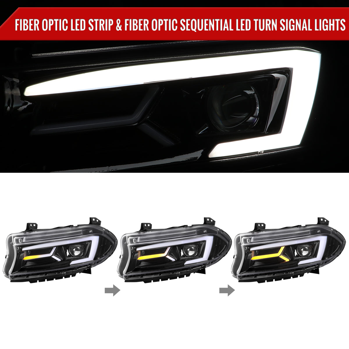 2015-2023 Dodge Charger LED Strip Projector Headlights w/ LED Sequential Turn Signal (Jet Black Housing/Clear Lens)