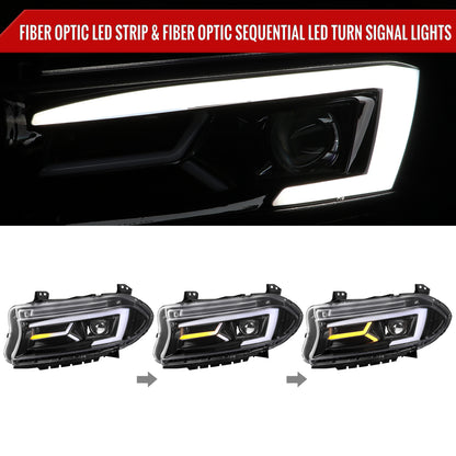 2015-2023 Dodge Charger LED Strip Projector Headlights w/ LED Sequential Turn Signal (Jet Black Housing/Clear Lens)