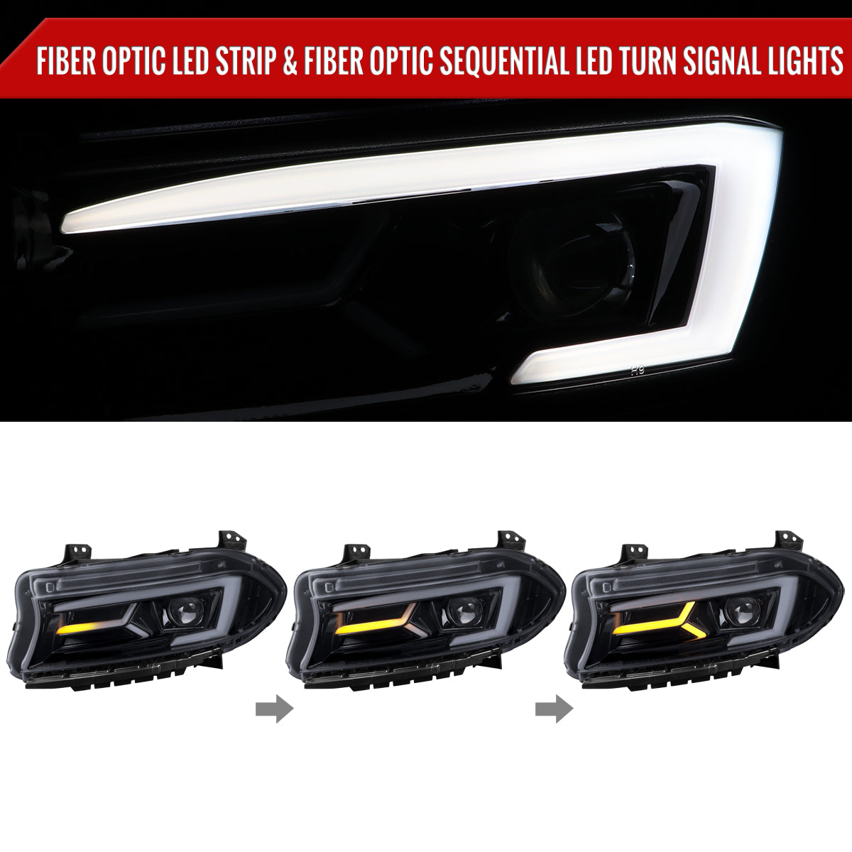 2015-2023 Dodge Charger LED Strip Projector Headlights w/ LED Sequential Turn Signal (Chrome Housing/Smoked Lens)