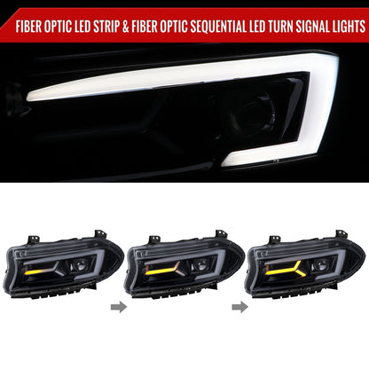 2015-2023 Dodge Charger LED Strip Projector Headlights w/ LED Sequential Turn Signal (Chrome Housing/Smoked Lens)