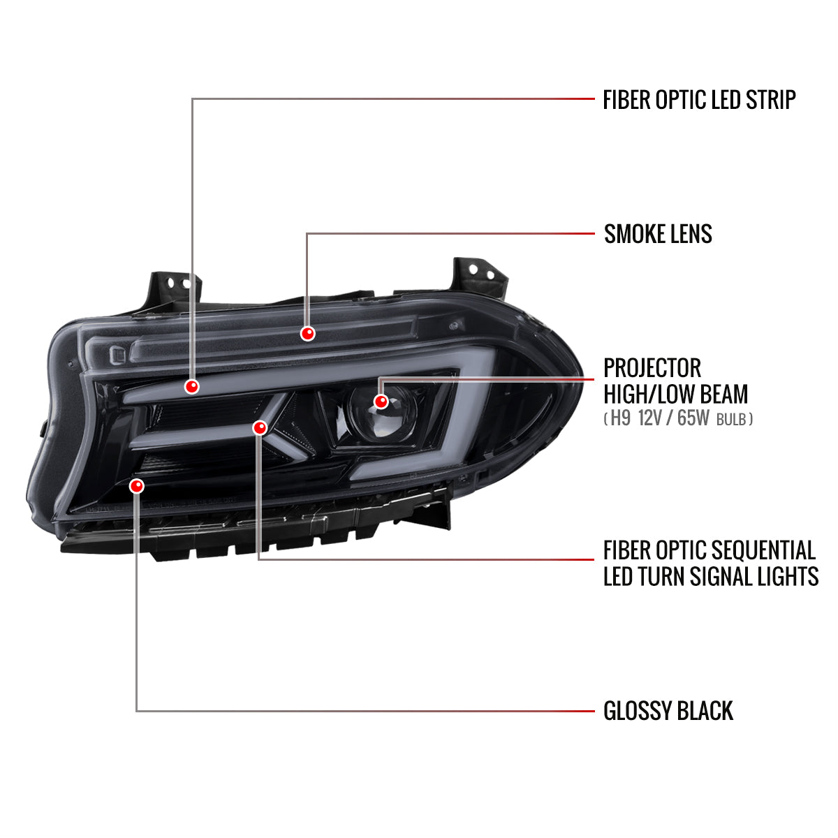 2015-2023 Dodge Charger LED Strip Projector Headlights w/ LED Sequential Turn Signal (Chrome Housing/Smoked Lens)