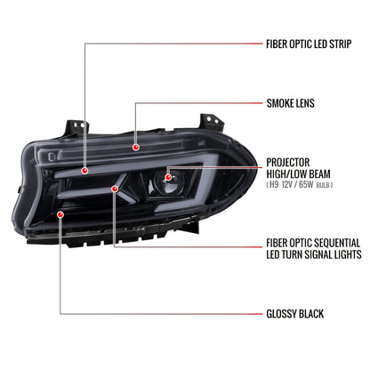 2015-2023 Dodge Charger LED Strip Projector Headlights w/ LED Sequential Turn Signal (Chrome Housing/Smoked Lens)
