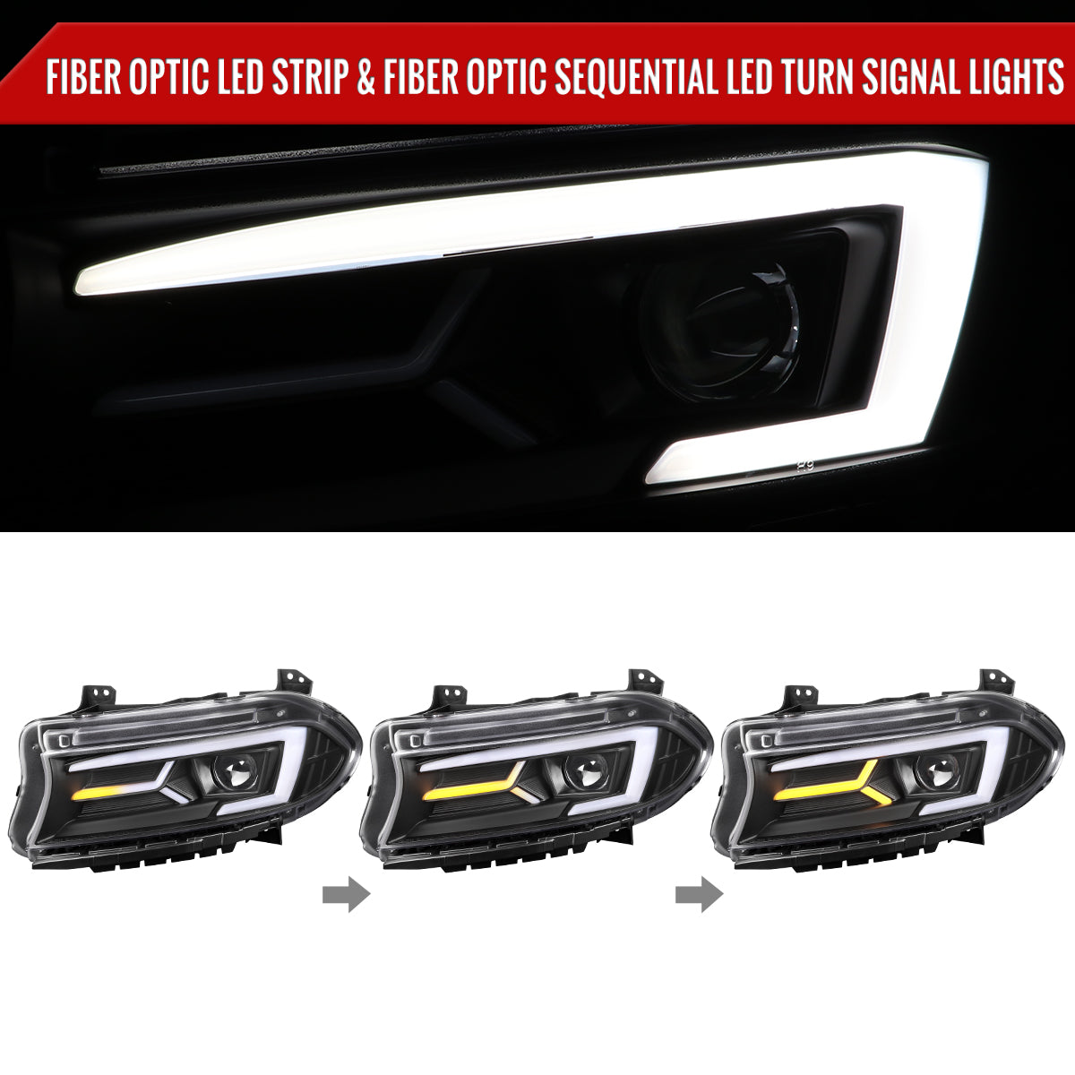 2015-2023 Dodge Charger LED Strip Projector Headlights w/ LED Sequential Turn Signal (Matte Black Housing/Clear Lens)