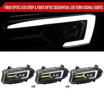 2015-2023 Dodge Charger LED Strip Projector Headlights w/ LED Sequential Turn Signal (Matte Black Housing/Clear Lens)