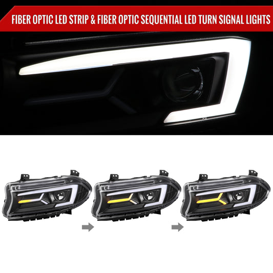2015-2023 Dodge Charger LED Strip Projector Headlights w/ LED Sequential Turn Signal (Matte Black Housing/Clear Lens)