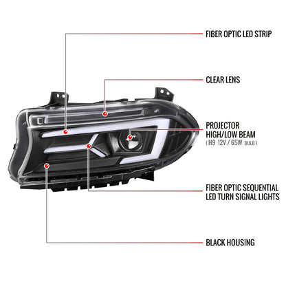 2015-2023 Dodge Charger LED Strip Projector Headlights w/ LED Sequential Turn Signal (Matte Black Housing/Clear Lens)