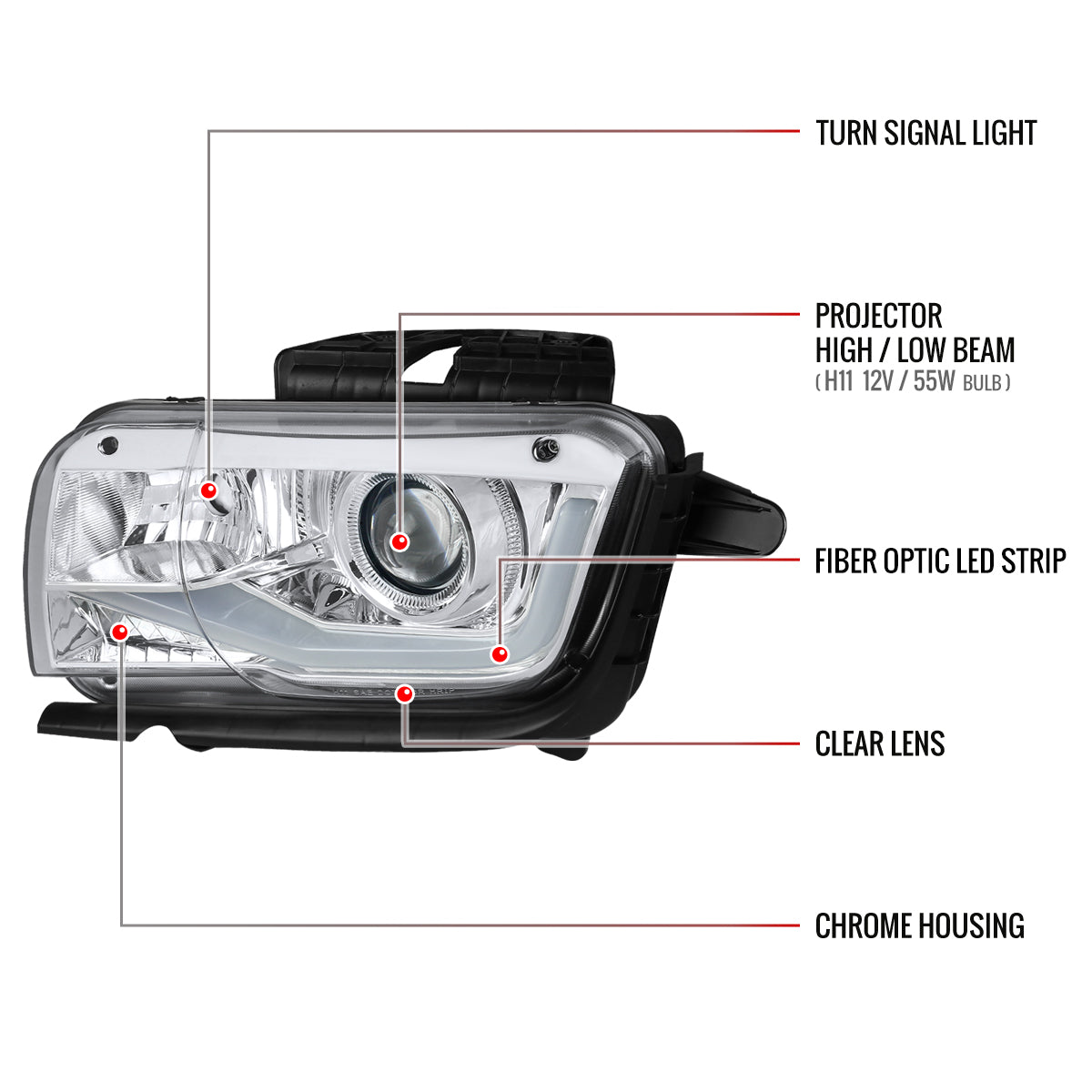 2010-2013 Chevrolet Camaro LED Bar Projector Headlights (Chrome Housing/Clear Lens)