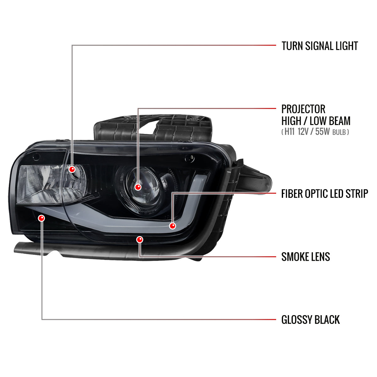 2010-2013 Chevrolet Camaro LED Bar Projector Headlights (Glossy Black Housing/Smoked Lens)