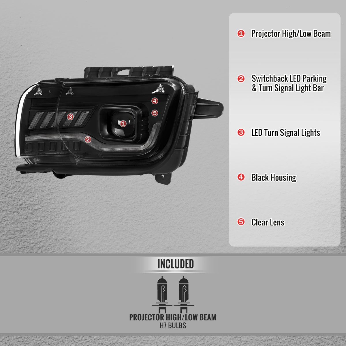 2010-2013 Chevrolet Camaro Projector Headlights w/ Switchback LED DRL (Matte Black Housing / Clear Lens)