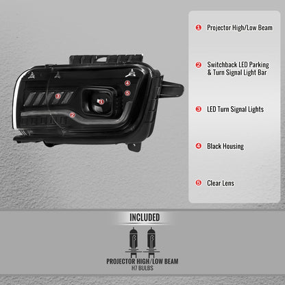 2010-2013 Chevrolet Camaro Projector Headlights w/ Switchback LED DRL (Matte Black Housing / Clear Lens)