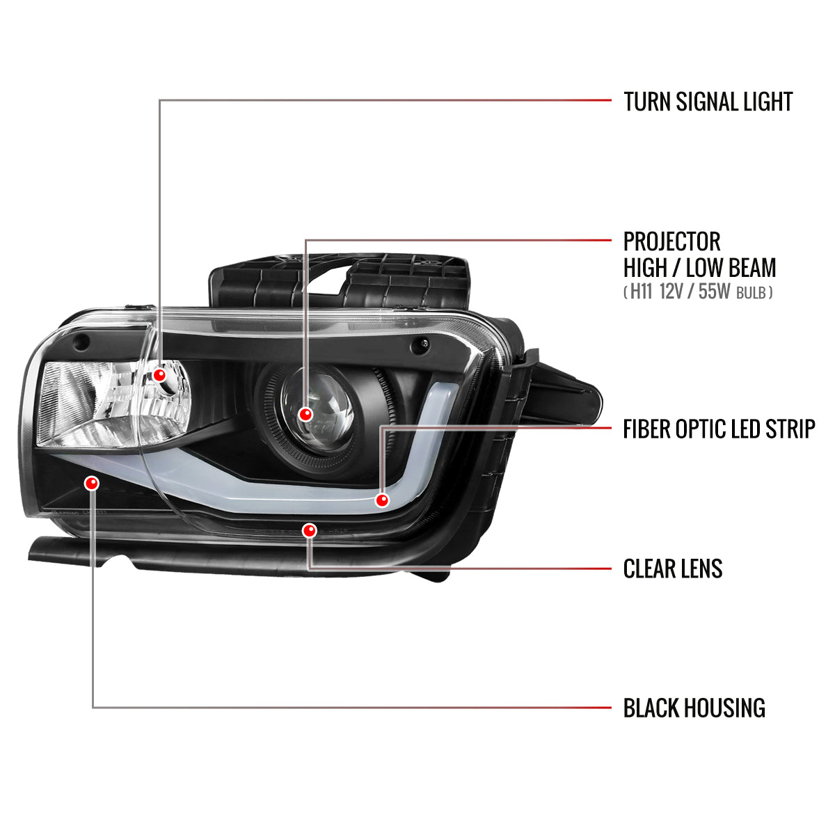 2010-2013 Chevrolet Camaro LED Bar Projector Headlights (Matte Black Housing/Clear Lens)