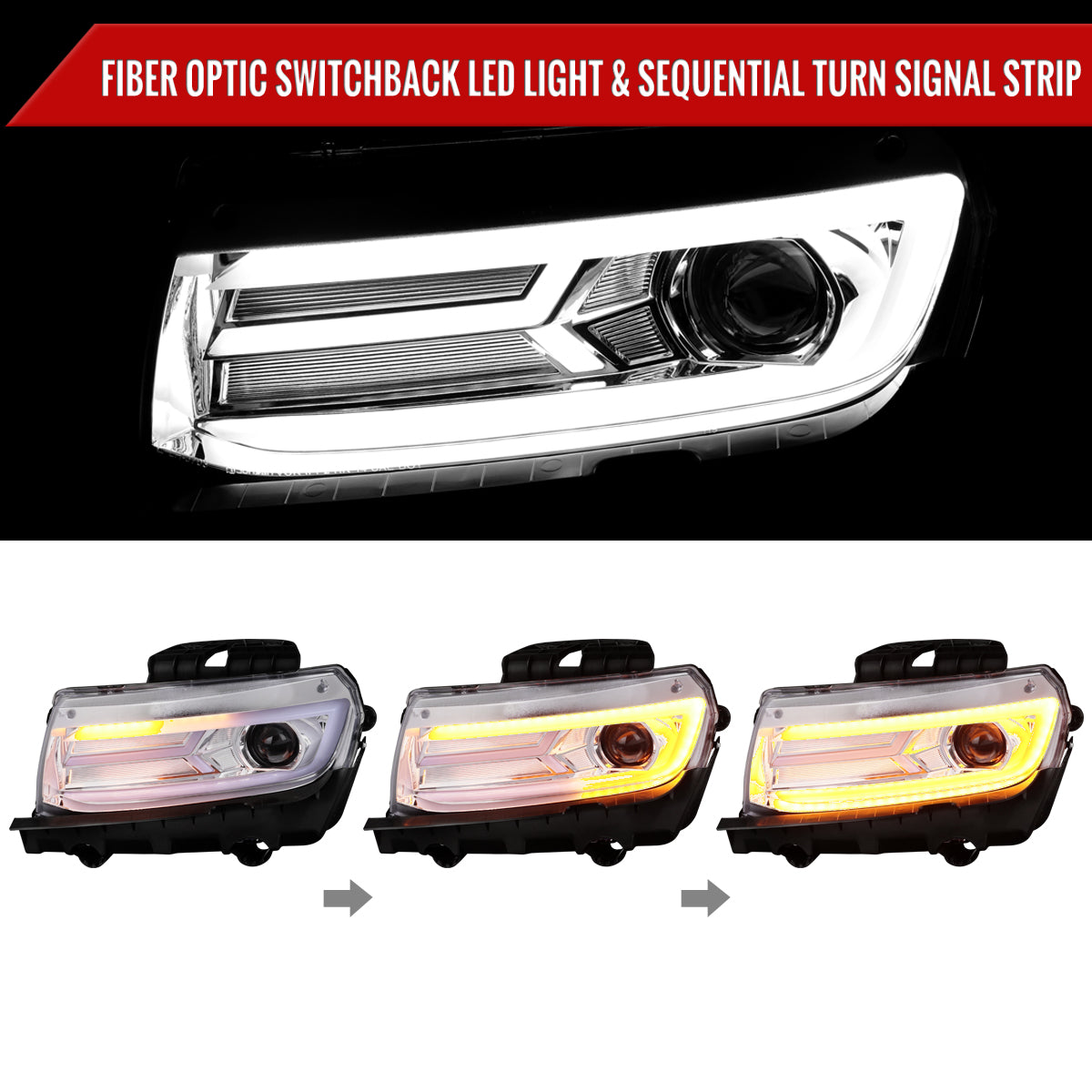 2014-2015 Chevrolet Camaro LED Strip Projector Headlights w/ Sequential Turn Signal Lights (Chrome Housing/Clear Lens)