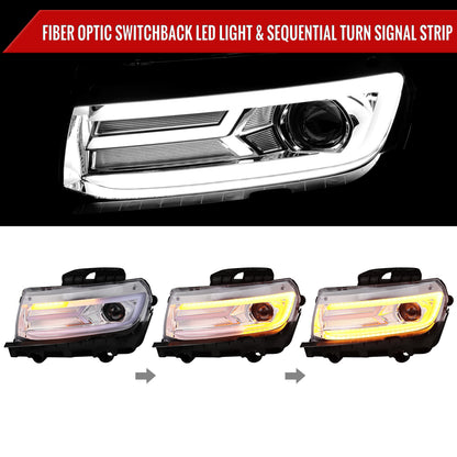 2014-2015 Chevrolet Camaro LED Strip Projector Headlights w/ Sequential Turn Signal Lights (Chrome Housing/Clear Lens)