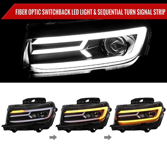 2014-2015 Chevrolet Camaro LED Strip Projector Headlights w/ Sequential Turn Signal Lights (Glossy Black Housing/Clear Lens)
