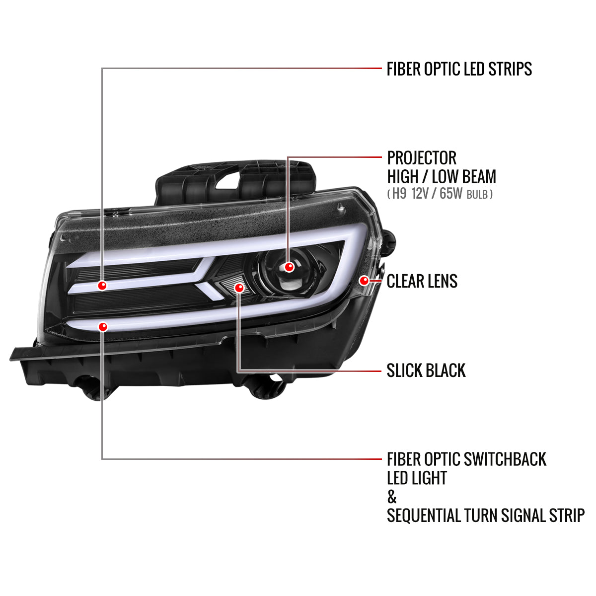 2014-2015 Chevrolet Camaro LED Strip Projector Headlights w/ Sequential Turn Signal Lights (Glossy Black Housing/Clear Lens)