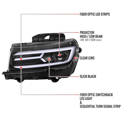 2014-2015 Chevrolet Camaro LED Strip Projector Headlights w/ Sequential Turn Signal Lights (Glossy Black Housing/Clear Lens)