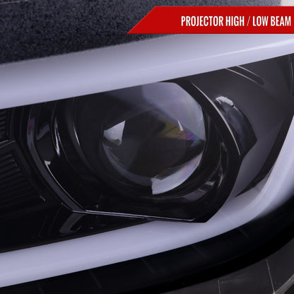 2014-2015 Chevrolet Camaro LED Strip Projector Headlights w/ Sequential Turn Signal Lights (Glossy Black Housing/Smoked Lens)