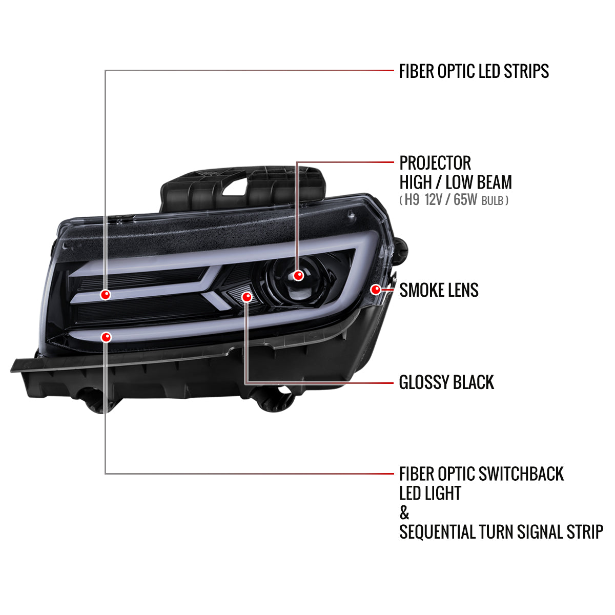 2014-2015 Chevrolet Camaro LED Strip Projector Headlights w/ Sequential Turn Signal Lights (Glossy Black Housing/Smoked Lens)