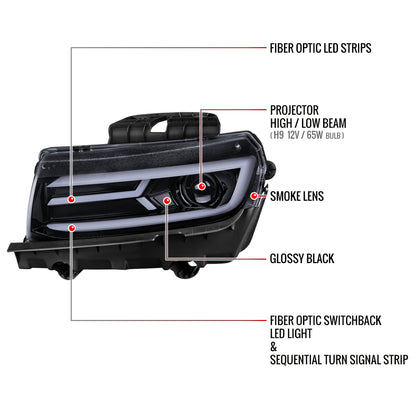 2014-2015 Chevrolet Camaro LED Strip Projector Headlights w/ Sequential Turn Signal Lights (Glossy Black Housing/Smoked Lens)
