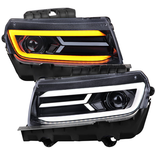 2014-2015 Chevrolet Camaro LED Strip Projector Headlights w/ Sequential Turn Signal Lights (Glossy Black Housing/Smoked Lens)