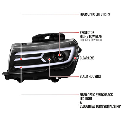 2014-2015 Chevrolet Camaro LED Strip Projector Headlights w/ Sequential Turn Signal Lights (Matte Black Housing/Clear Lens)