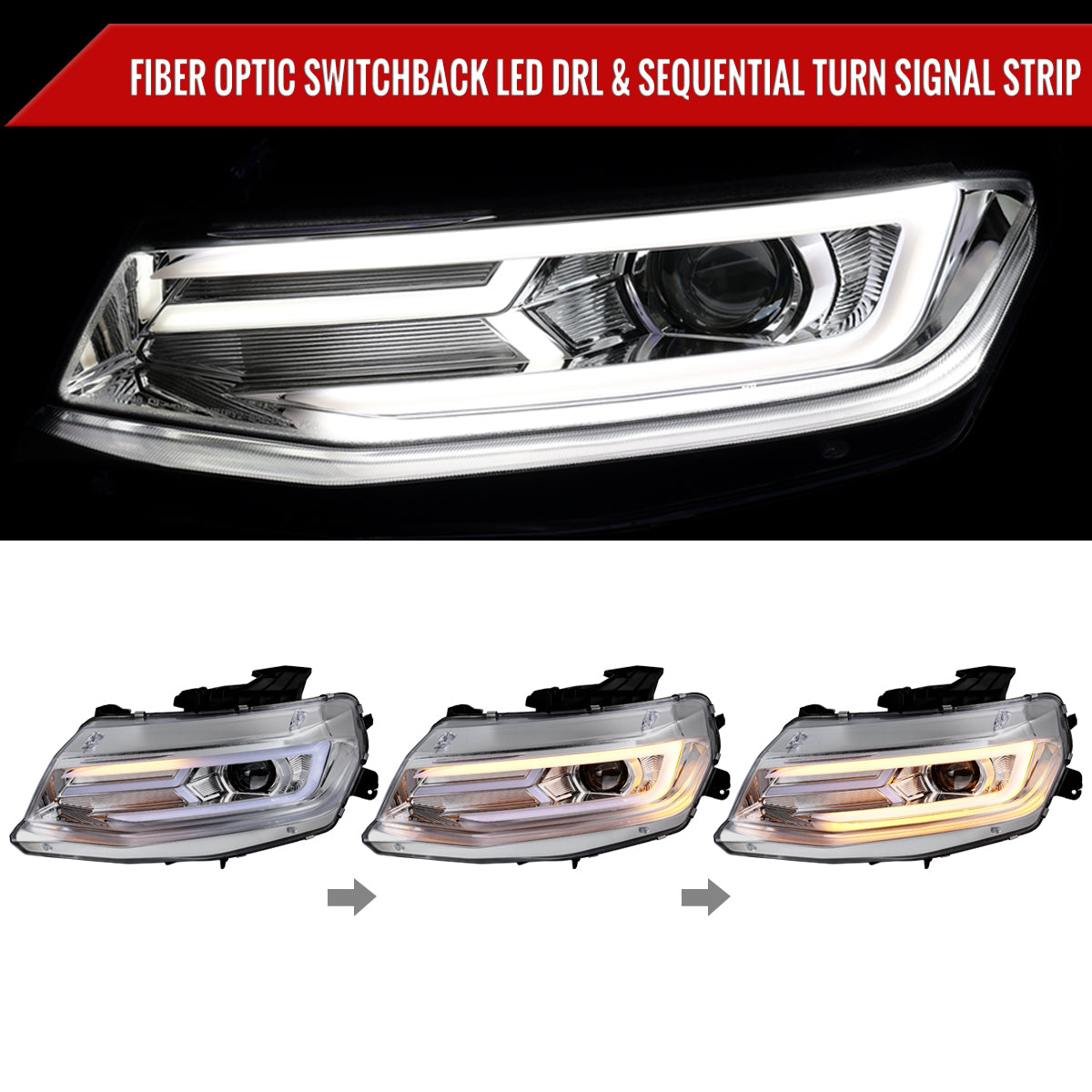 2016-2018 Chevrolet Camaro LED Strip Projector Headlights w/ Sequential Turn Signal Lights (Chrome Housing/Clear Lens)